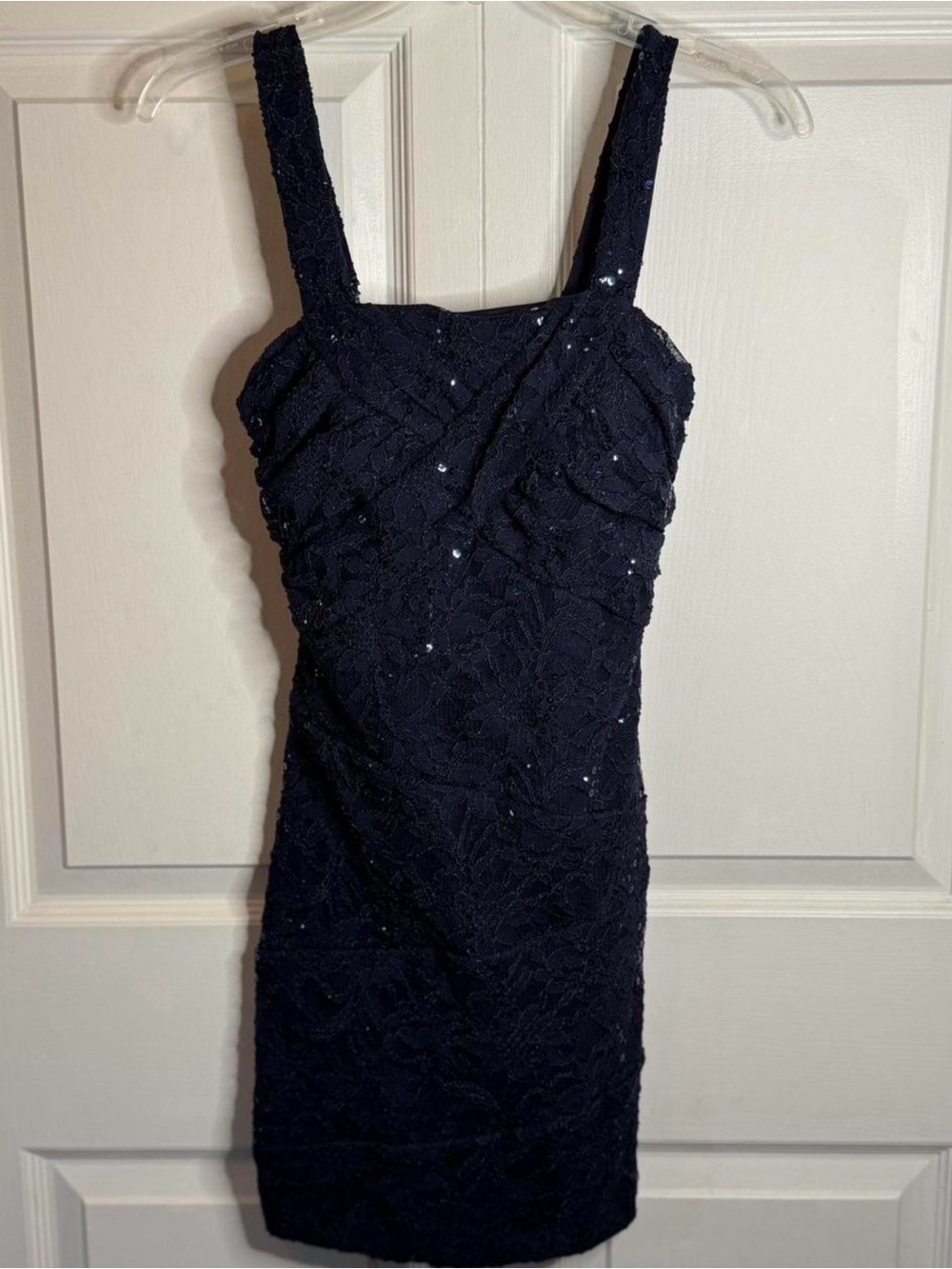 Sequin Hearts Navy Lace Mini Dress with Square Neck